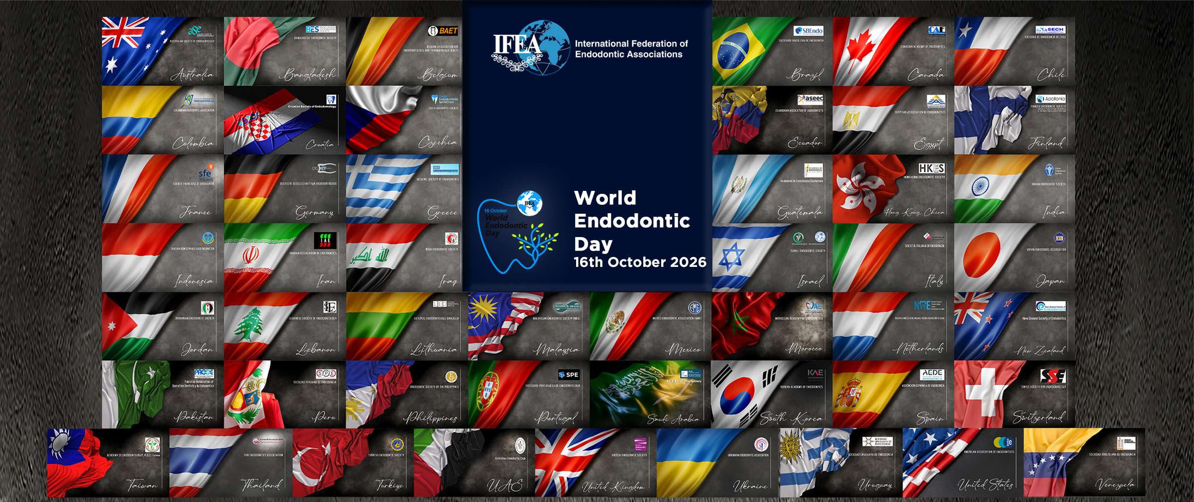Pasaulinė Endodontijos Diena – 2026 m. spalio 16 d. IFEA logotipas ir šalių narių vėliavos.